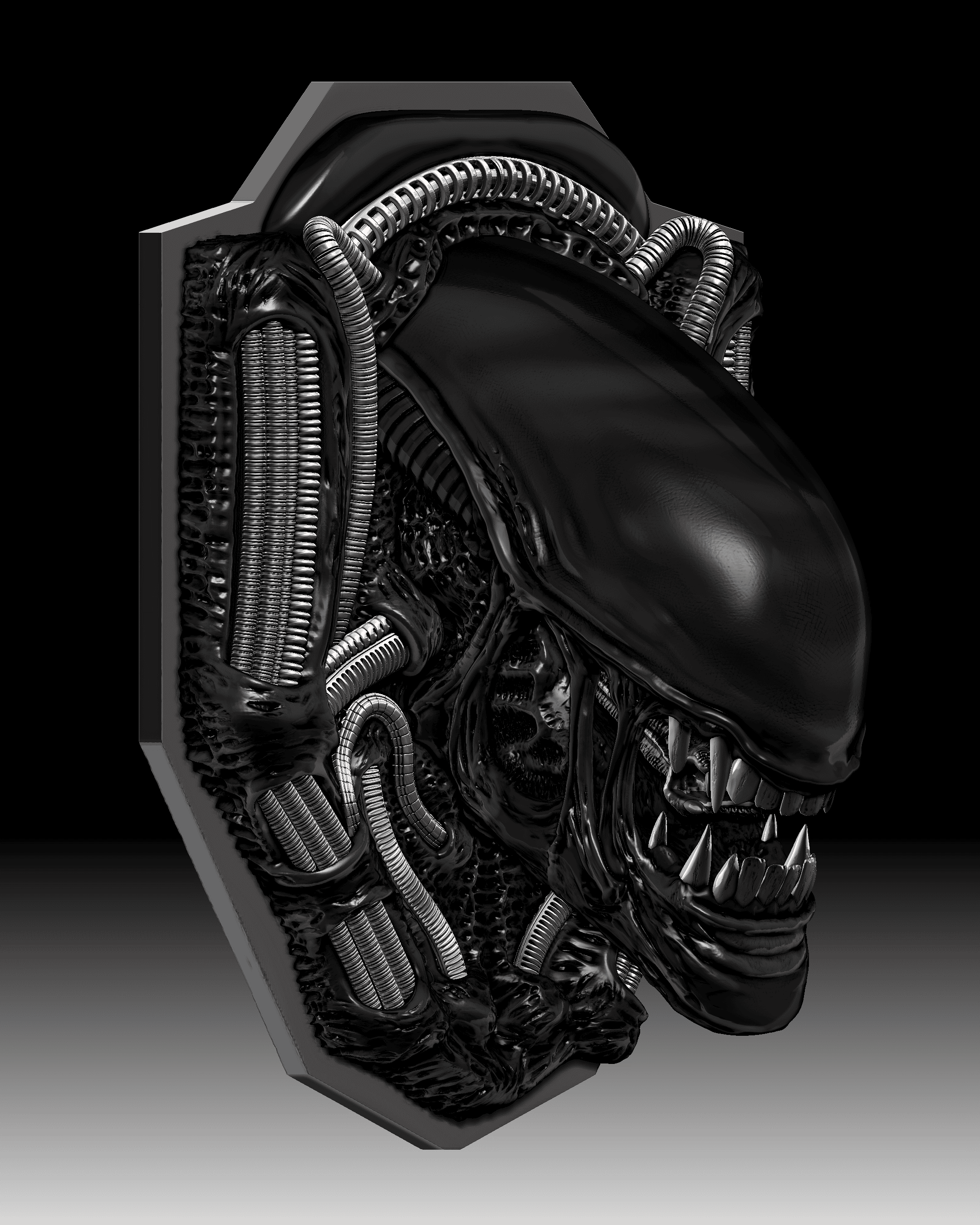 Alien head sculpture with cables and teeth
