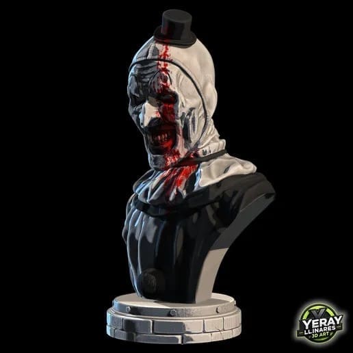 Horror clown sculpture with blood and hat.